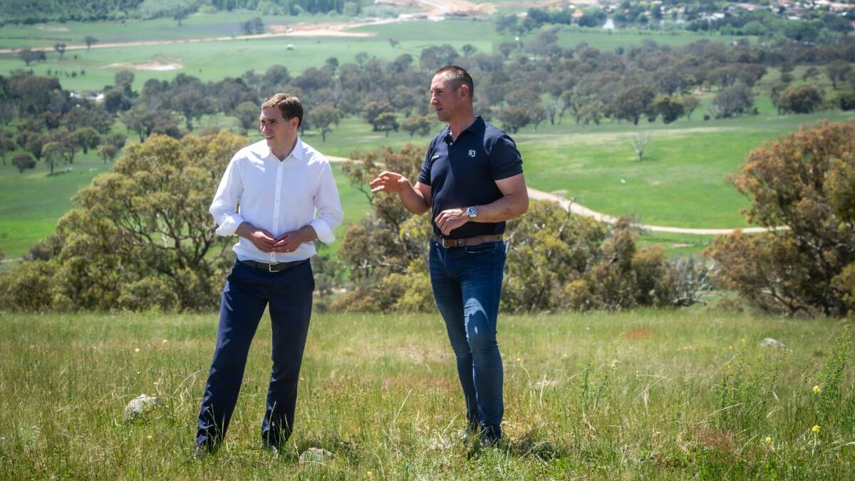 Opposition leader Alistair Coe and Village Building Company chief executive Travis Doherty at the South Jerrabomberra housing estate in NSW. Picture: Karleen Minney