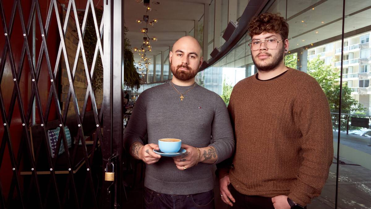 Interlude Espresso Bar owner, Trent Esmerian and employee, Adam Wowk, wonder whether the concept of lobby cafes will change forever after COVID-19. Picture: Matt Loxton