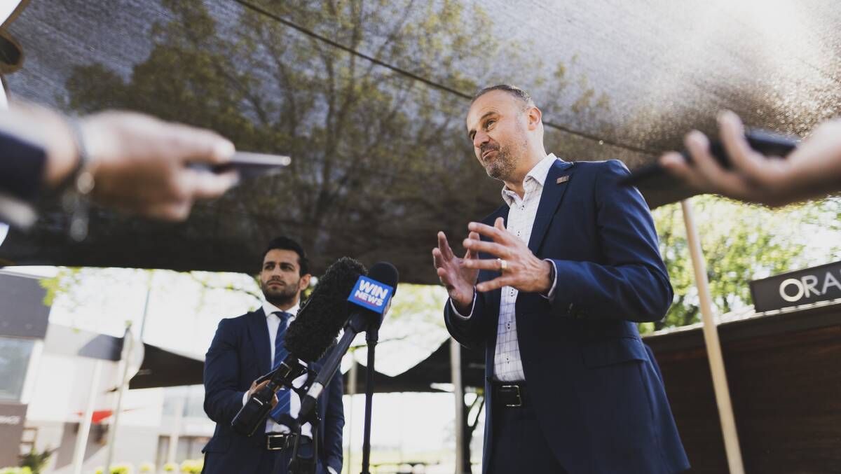 ACT Chief Minister Andrew Barr speaks at a Labor press conference at the EPIC coronavirus testing clinic on the campaign trail. Picture: Dion Georgopoulos 