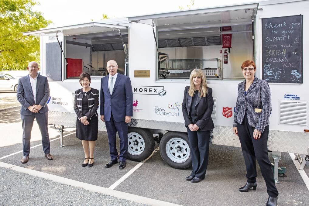 At the Cruisin' Cafe launch: The Snow Foundation director Stephen Byron, Linda Hurley, Governor-General David Hurley, Canberra PCYC CEO Cheryl O'Donnell and Youth Minister Rachel Stephen-Smith.