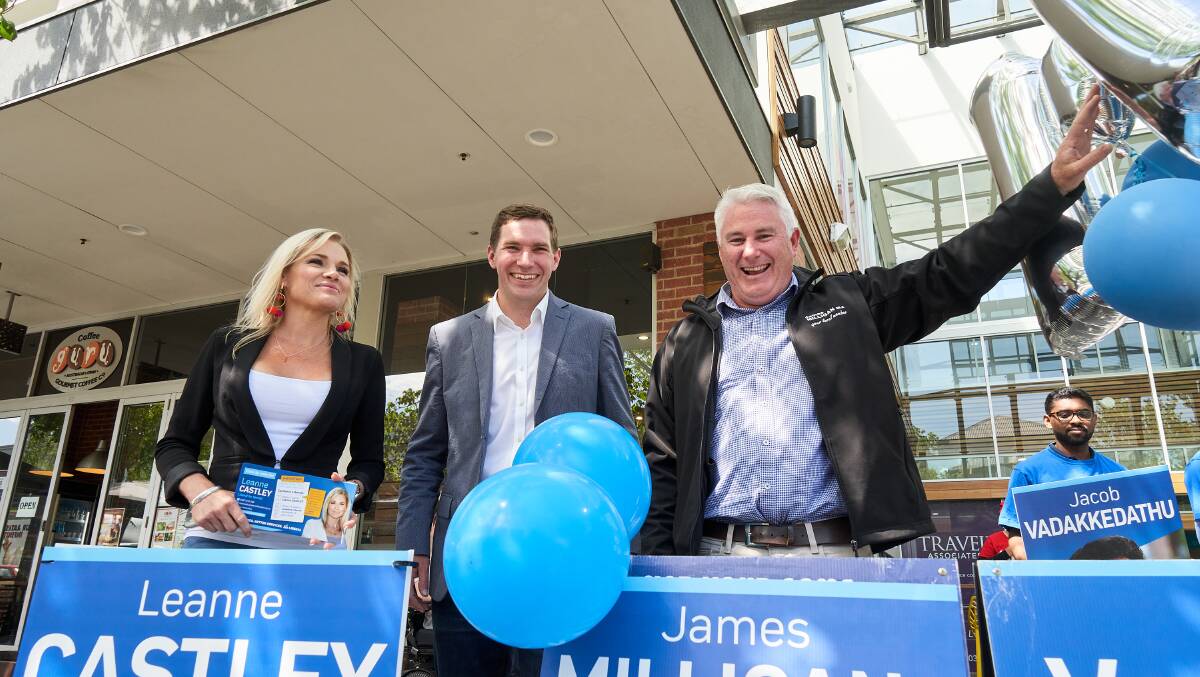 Leanne Castley, Alistair Coe, James Milligan on ACT election day. Picture: Matt Loxton
