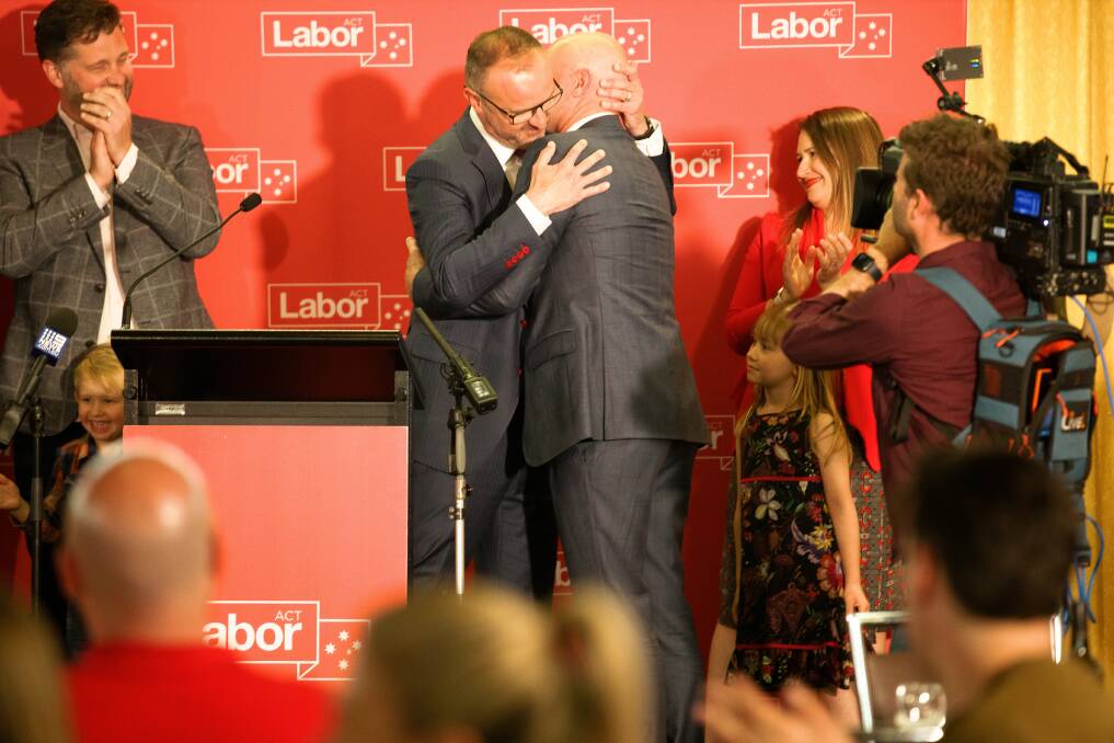 Barr delivers his victory speech at the Canberra Labor Club after Labor ACT's election victory. Picture: Sitthixay Ditthavong