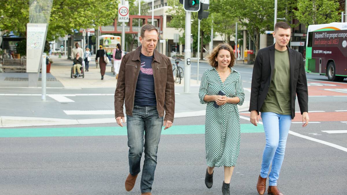 ACT Greens' Shane Rattenbury, Rebecca Vassarotti and Johnathan Davis. Picture: Sitthixay Ditthavong -