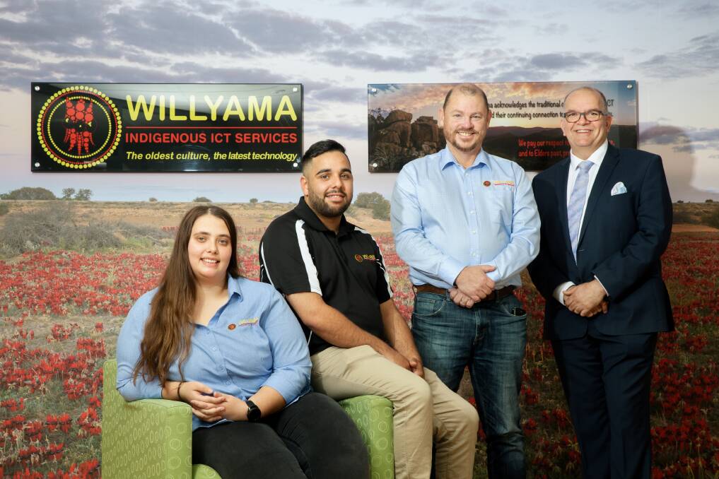 Trainees Rhianna Connors-Johnston and Thaddeus Connors, Willyamamanaging director Kieran Hynes, and Pro Vice-Chancellor, Indigenous at the University of Canberra Professor Peter Radoll. Picture: Sitthixay Ditthavong