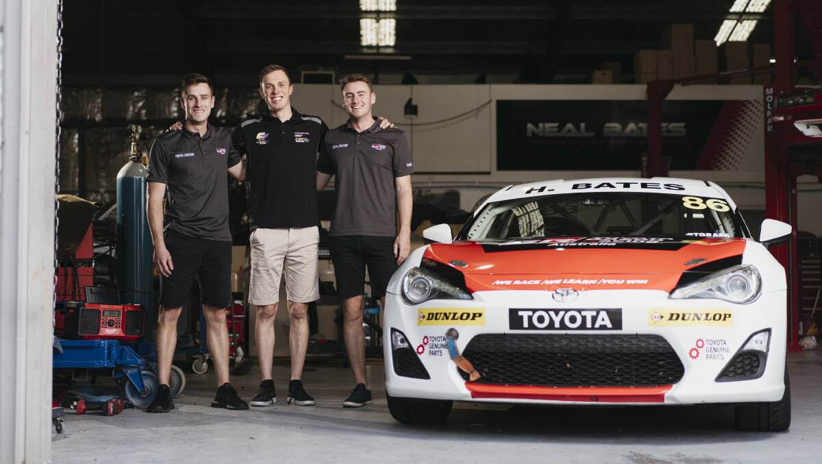  Lewis Bates, Cameron Hill, and Harry Bates with the latter's Toyota 86 Series car. Picture: Dion Georgopoulos