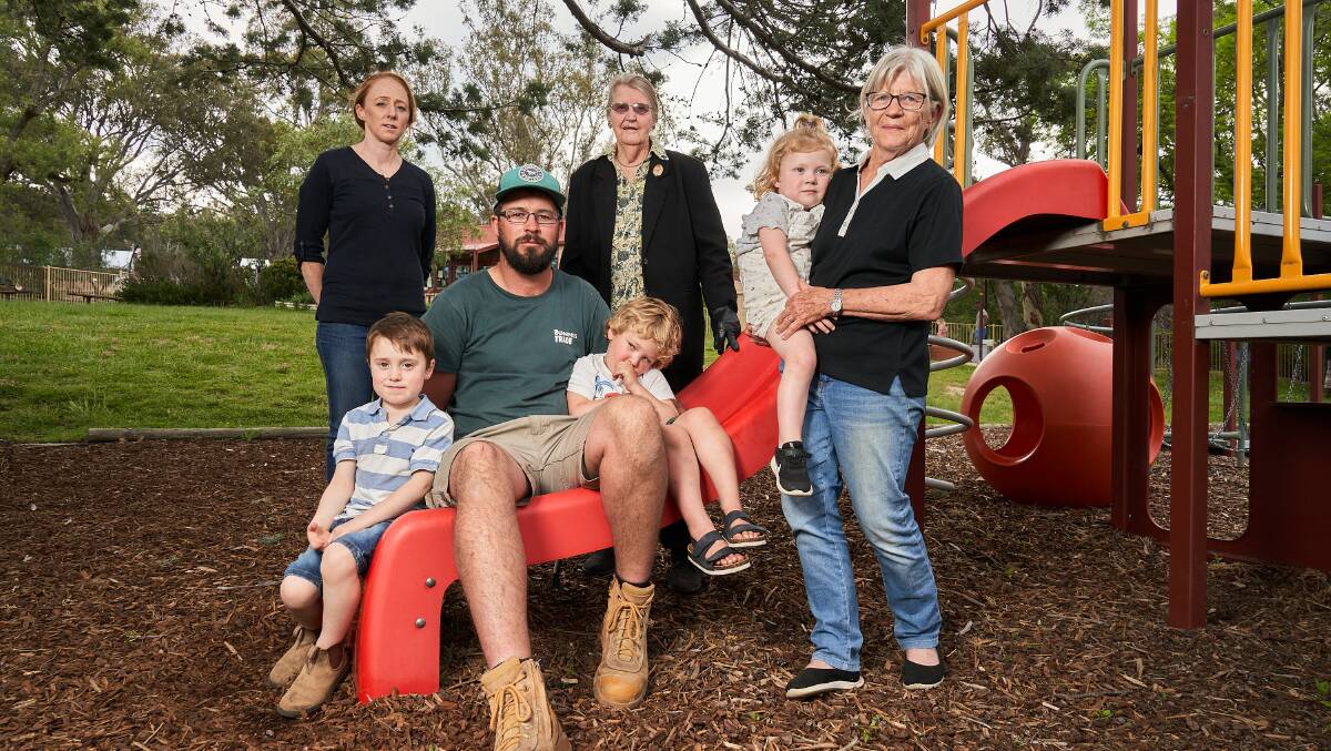 Standing: Elisa Rossiter, Esma Curtis and Carmel Hogan, holding Ella, 3. Seated: William, 4, Tom Gregory, and Charles, 3. They are concerned Tharwa Preschool might close without more enrolments. Picture: Matt Loxton