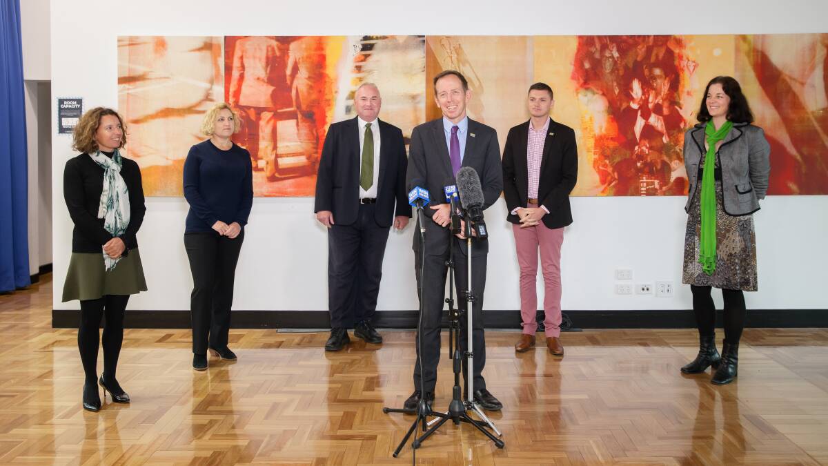 The ACT Greens tripled its representation in the ACT Legislative Assembly. Greens MLAs (left to right) Rebecca Vassarotti, Emma Davidson, Andrew Braddock, Shane Rattenbury, Johnathan Davis, and Jo Clay. Picture: Sitthixay Ditthavong 