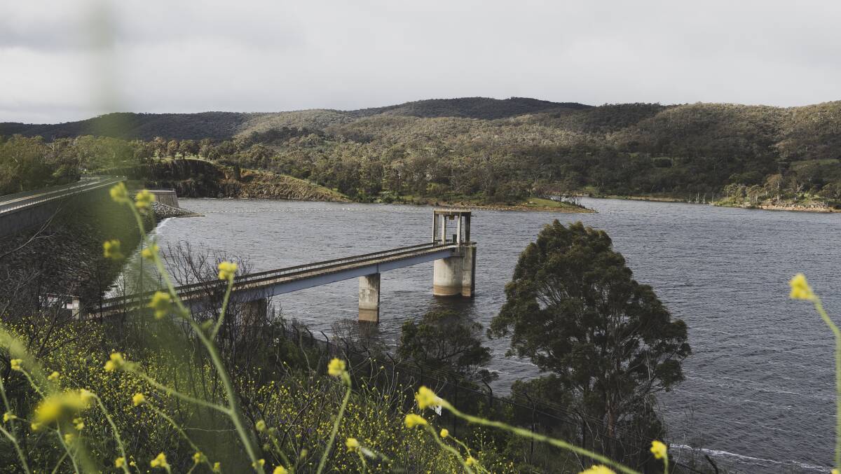 Googong Dam is overflowing, making it the third of Canberra's four dams to reach capacity in recent weeks. Picture: Dion Georgopoulos