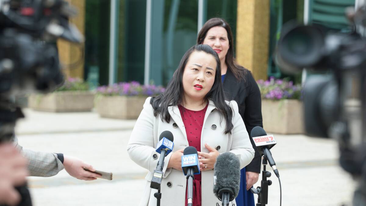 Elizabeth Lee and Giulia Jones speak to media after the pair assumed the leadership of the Canberra Liberals on Tuesday morning. Picture: Sitthixay Ditthavong