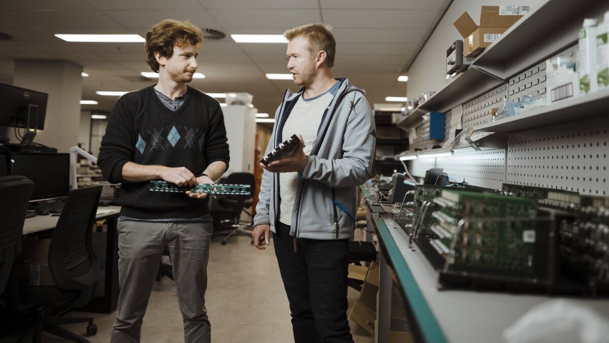 ANU tech start up Liquid Instruments hardware engineer Jonathan Rabe, and CEO Daniel Shaddock at their Canberra office. Picture: Dion Georgopoulos 