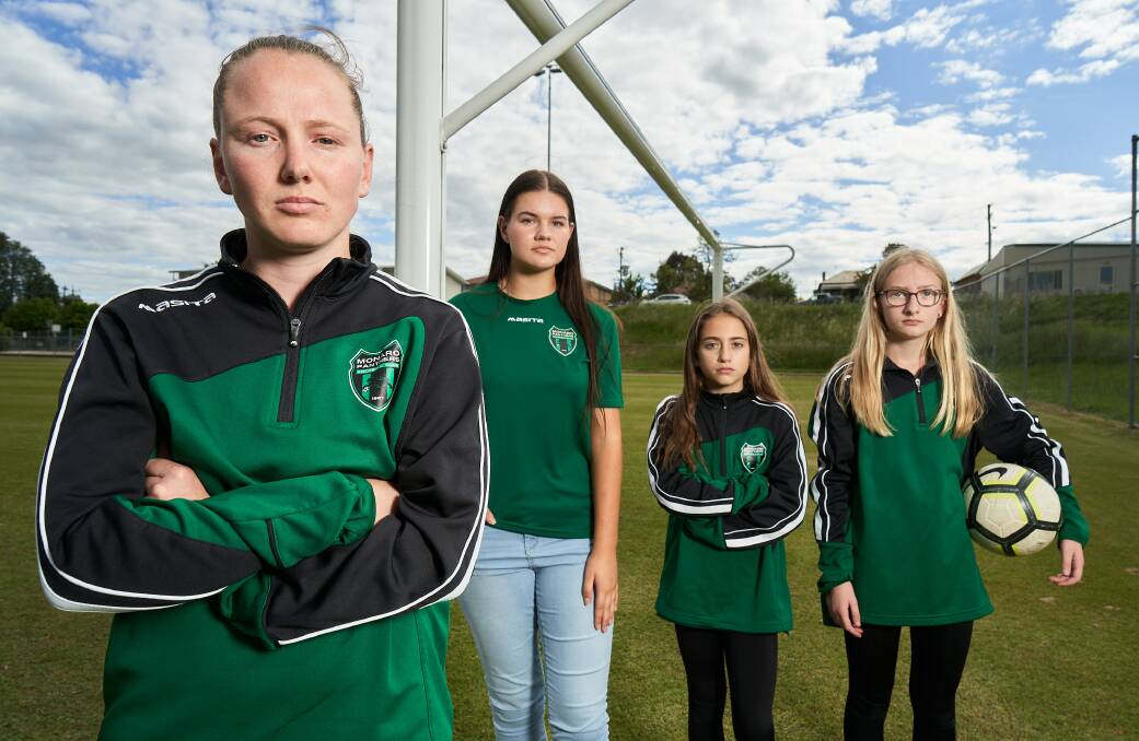 Monaro Panthers players Raechel Hardwicke, Sophia, 17, Mia, 13, and Grace, 12, are distraught about Capital Football's decision to cut them from the NPLW. Picture: Matt Loxton