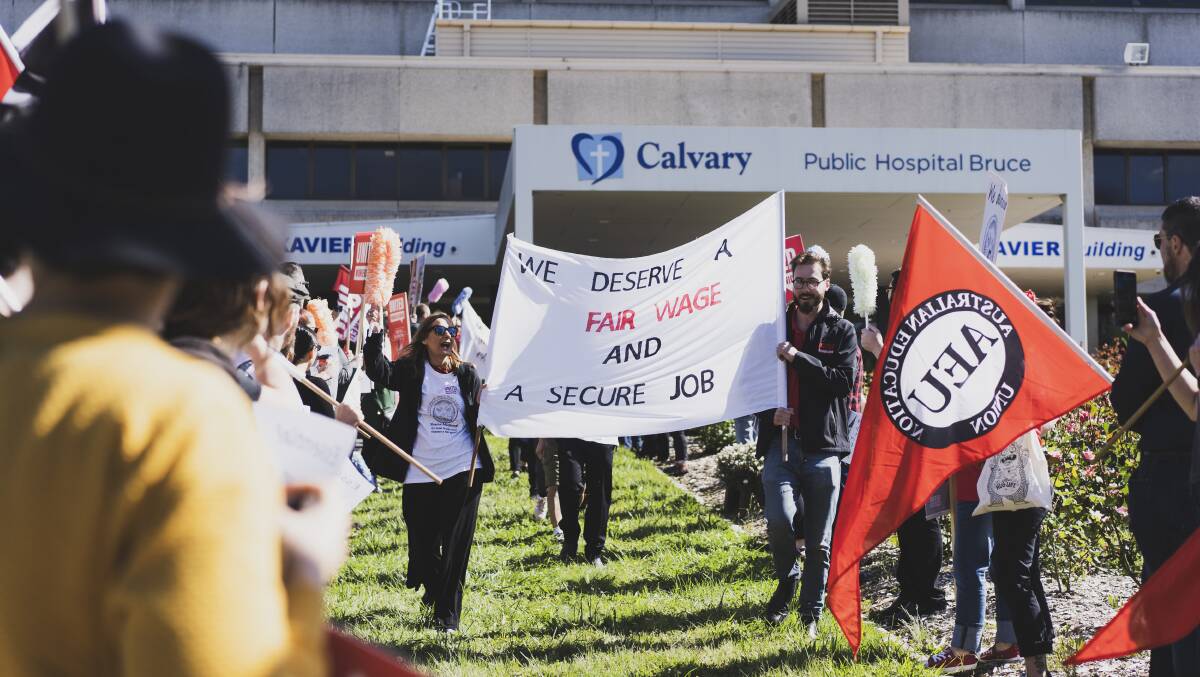 Cleaners and protestors outside Calvary Public Hospital Bruce protest for a fair pay increase in response to Compass Medirest's disrespectful 5c pay rise. Picture: Dion Georgopoulos 