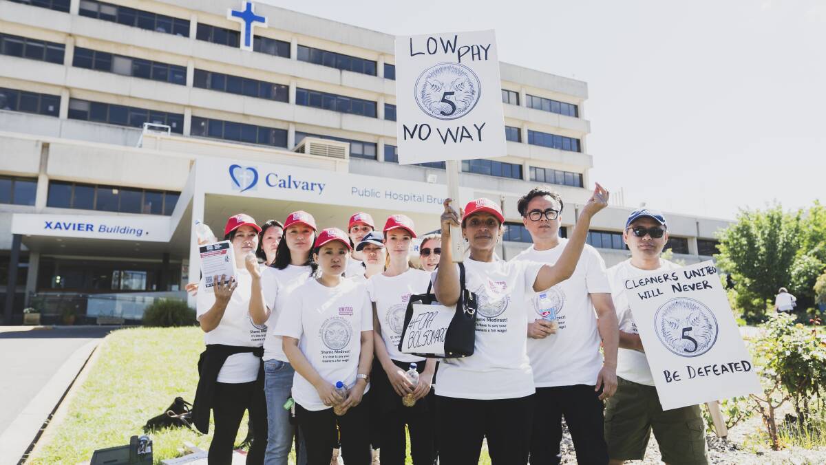 Calvary Hospital cleaner Cibele Webbe (middle) and fellow colleagues protest for a fair pay increase in response to Compass Medirest's five cent pay rise. Picture: Dion Georgopoulos 