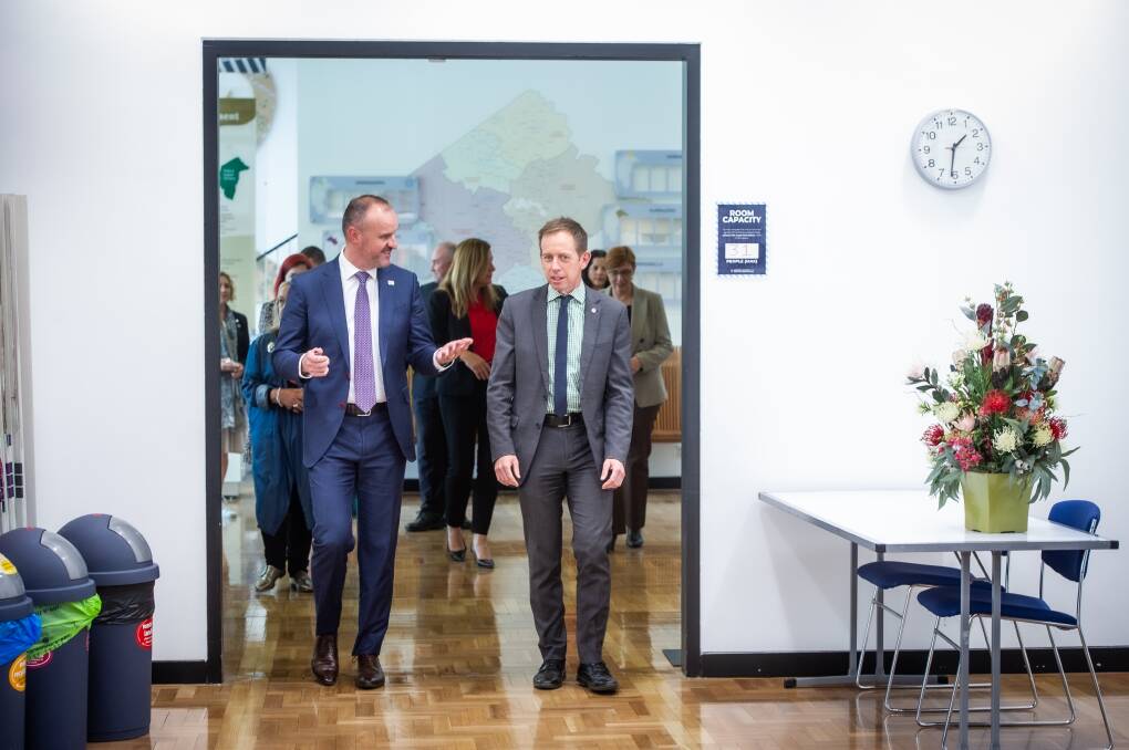 Chief Minister Andrew Barr and Greens leader Shane Rattenbury ahead of the signing of Labor-Greens parliamentary agreement. Picture: Karleen Minney