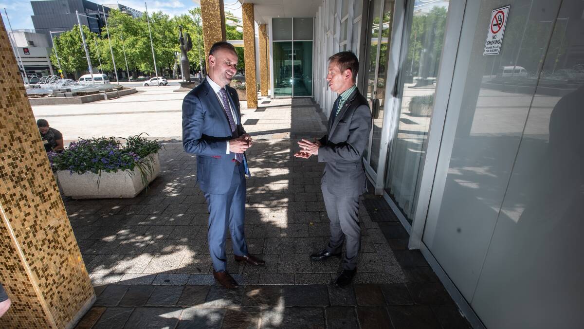 Chief Minister Andrew Barr and Greens leader Shane Rattenbury.on Monday after the agreement was signed. Picture: Karleen Minney