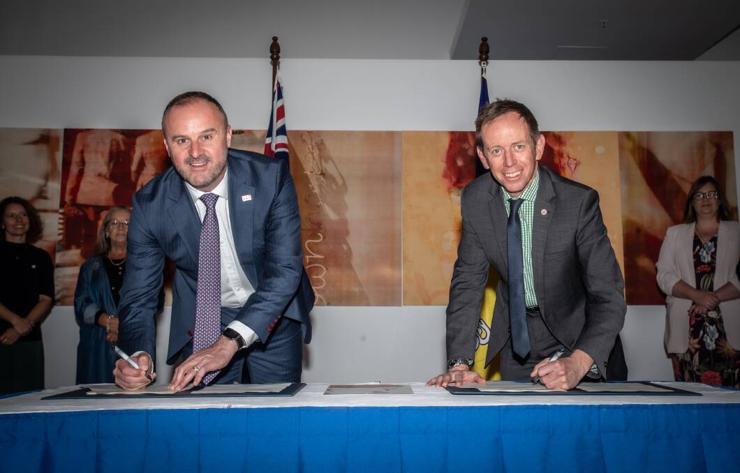 Chief Minister Andrew Barr and Greens leader Shane Rattenbury. Picture: Karleen Minney 