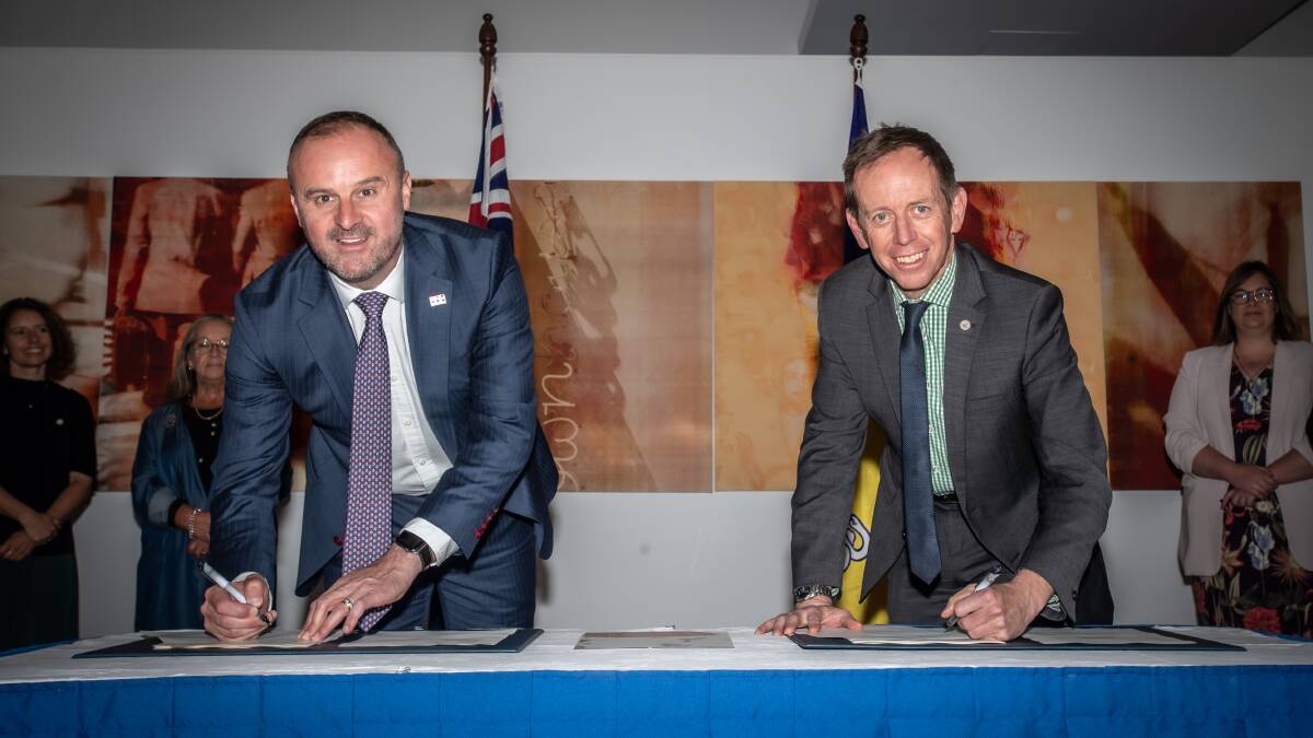 The signing of Labor-Greens parliamentary agreement. Chief Minister Andrew Barr and Greens leader Shane Rattenbury.Picture: Karleen Minney, THE CANBERRA TIMES, ACM.
