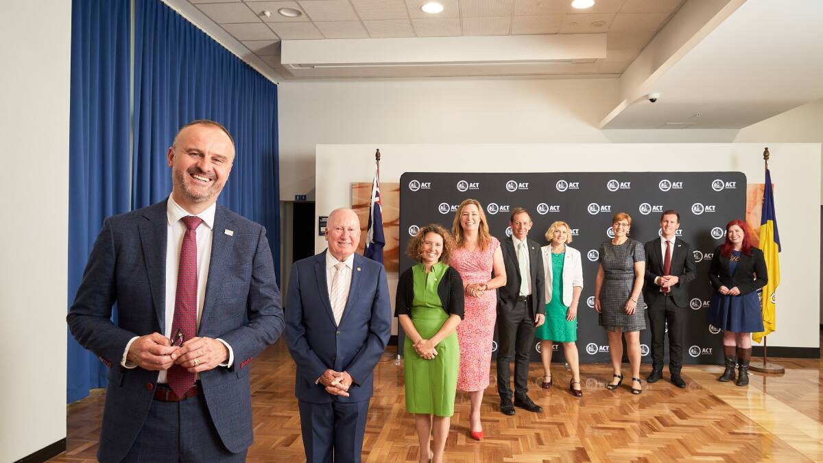 Chief Minister, Andrew Barr, with the newly announced ACT Cabinet Office, Tuesday, Nov. 3, 2020. Picture: Matt Loxton, THE CANBERRA TIMES, ACM.