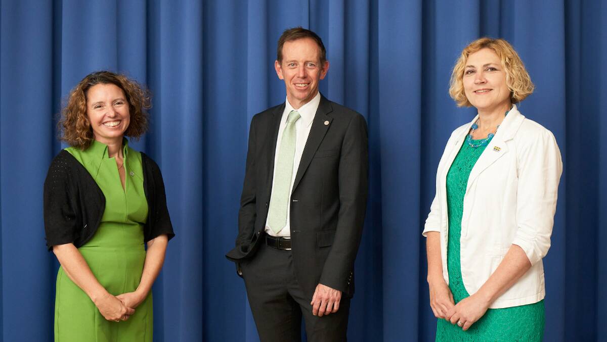 Greens cabinet members, Rebecca Vassarotti, Shane Rattenbury, and Emma Davidson at the Legislative Assembly after the new cabinet was announced, Picture: Matt Loxton