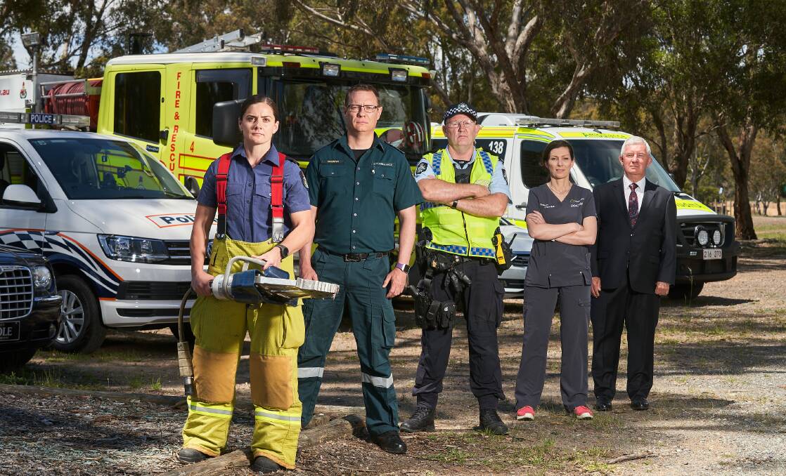 Fire and rescue officer Kristie Matthews, ESA Operations Manager Quentin Botha, Senior Constable Simon Hackett, trauma surgeon Dr Ailene Fitzgerald, and funeral director Bill Cole at the launch of the new road safety campaign. Picture: Matt Loxton