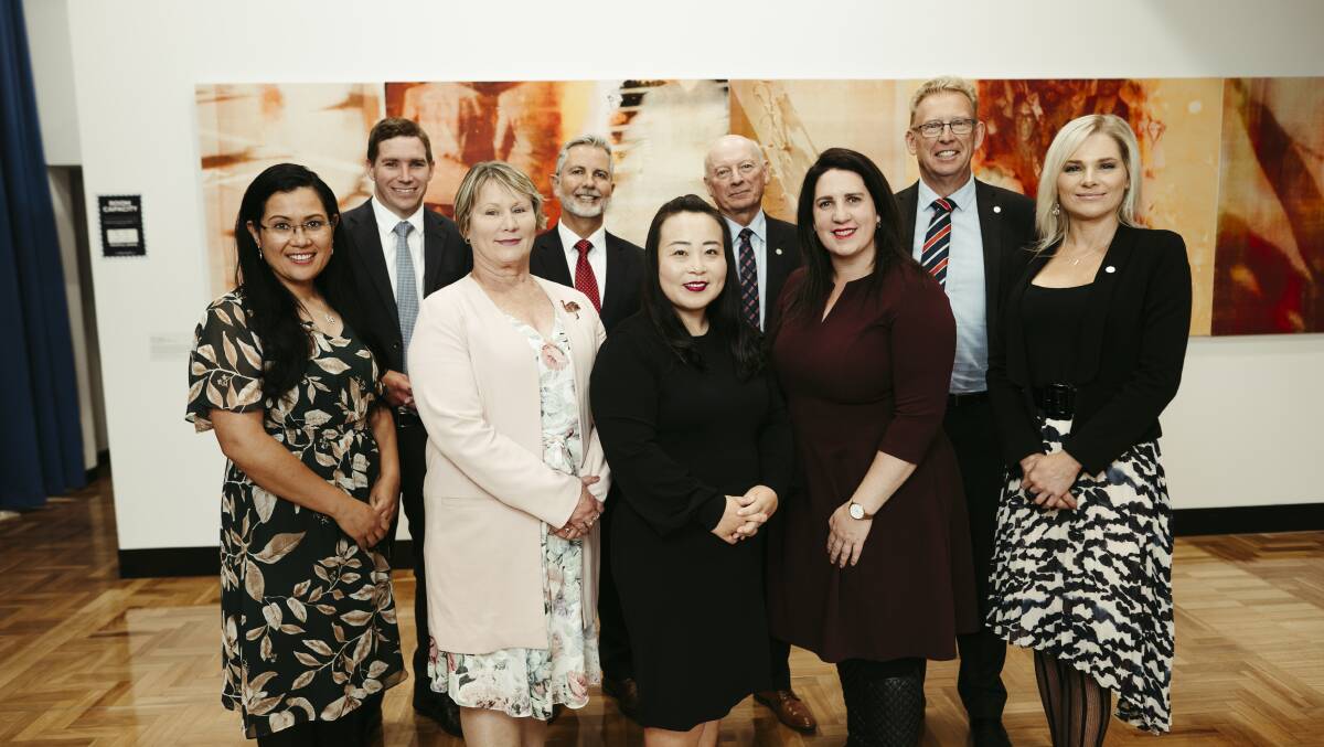 The new ACT shadow cabinet (back from left) Alistair Coe, Jeremy Hanson, Peter Cain, Mark Parton, (front from left) Elizabeth Kikkert, Nicole Lawder, Liberal leader Elizabeth Lee, deputy leader Giulia Jones, and Leanne Castley. Picture: Dion Georgopoulos