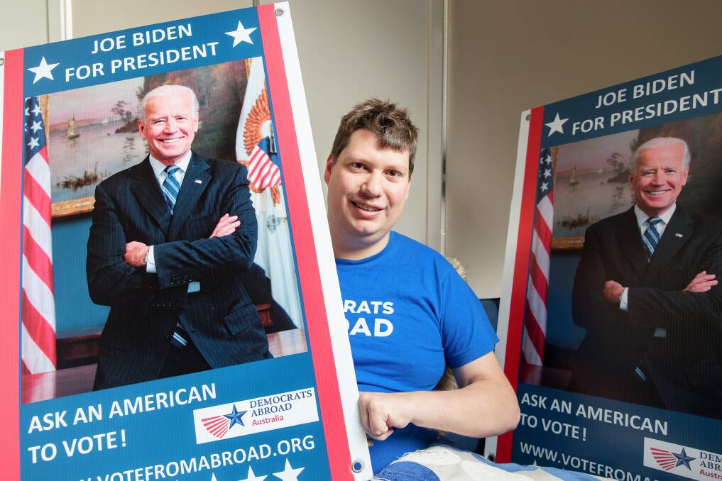 Democrats Abroad Australia's ACT chairman Justin Underwood after the US election was called for Democratic presidential nominee Joe Biden. Picture: Sitthixay Ditthavong