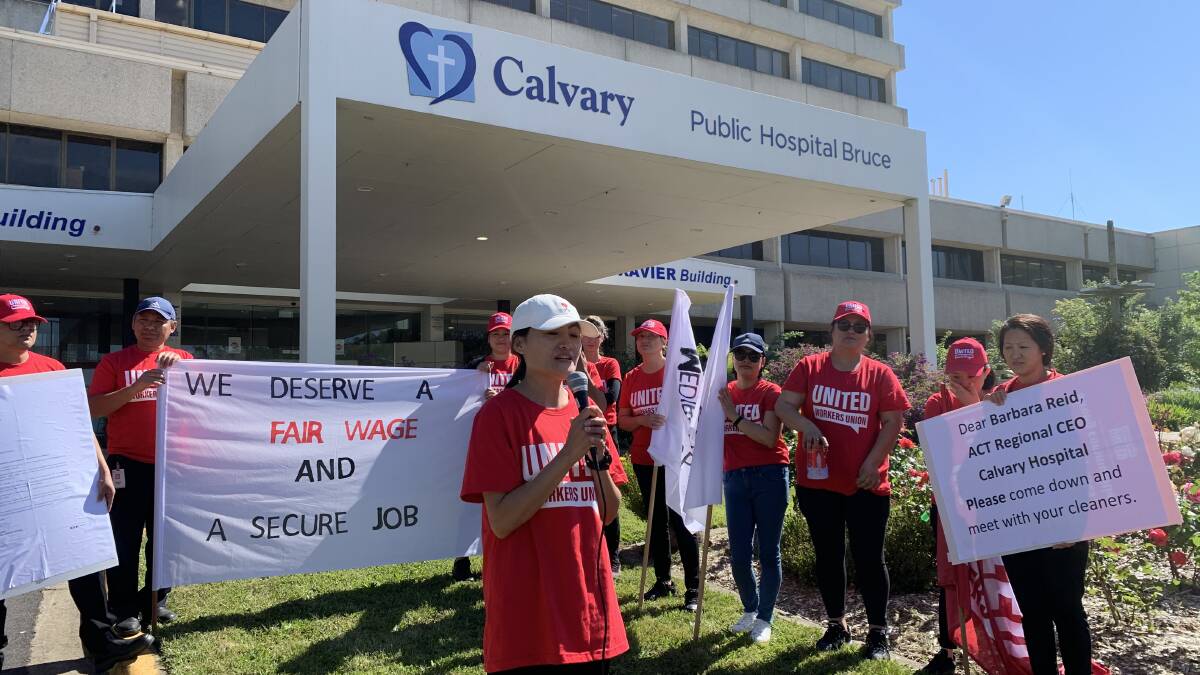 Hospital cleaners at Calvary Hospital walk off the job after pay negotiations broke down. Picture: Andrew Brown
