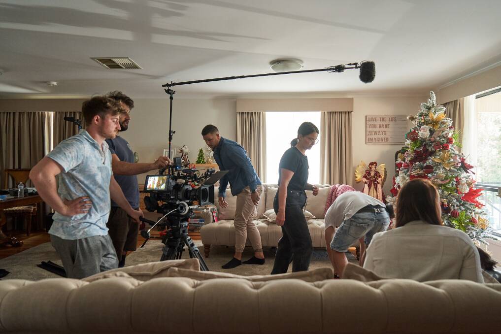 The crew was filming a Christmas scene at Tiny's house in Melba on Thursday. Picture: Matt Loxton