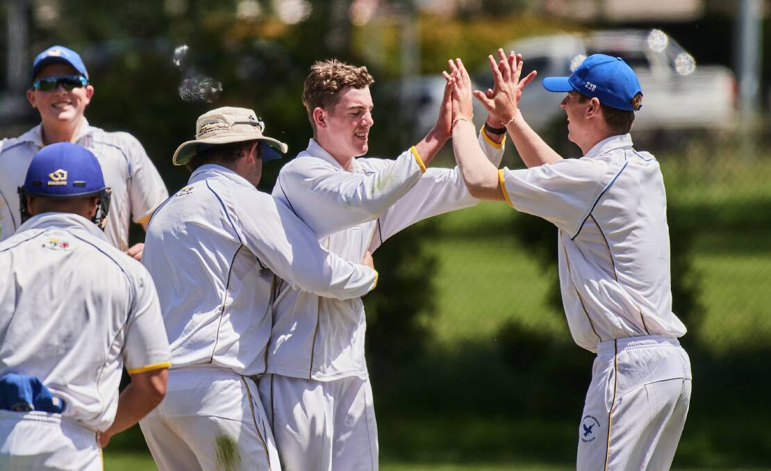Norths spinner Finlay McGurk celebrates one of his five wickets on Saturday against ANU at Keith Tournier Memorial Oval. Picture: Matt Loxton