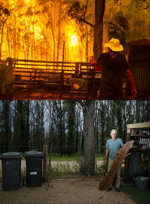 Michael Weekes defends his Woodburn property from the Currowan fire on December 21, 2019 (top), and stands near his new fence at the same place nearly a year later (bottom). Pictures: Dion Georgopoulos, Sitthixay Ditthavong