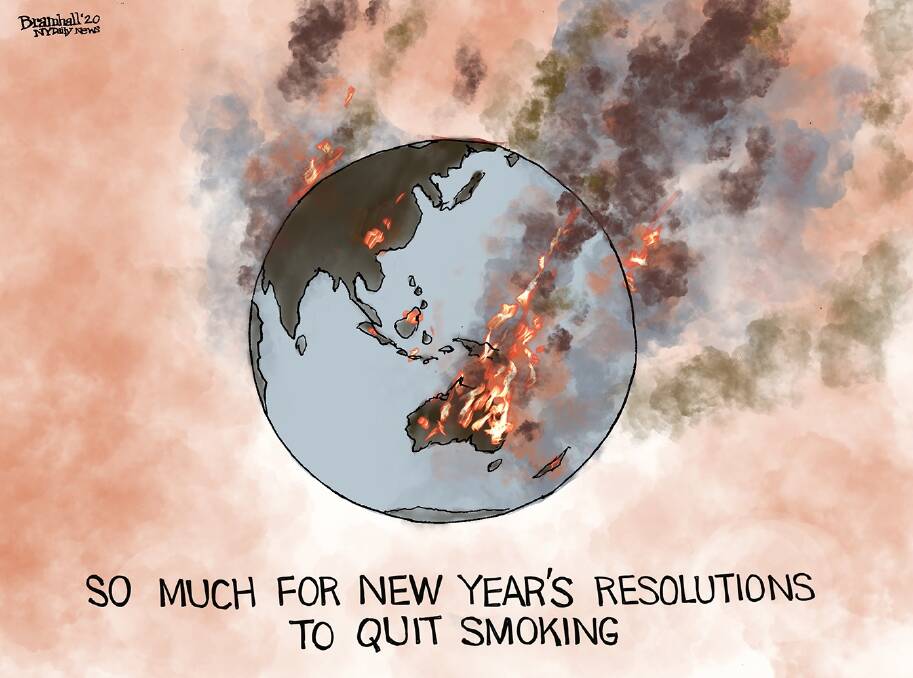 So Much for New Years Resolution to Quit Smoking, Bill Bramhall, New York Daily News, February 1 2020. "This is perhaps one of the rare times that Australia has made it into global cartoons in a big way. There were several outstanding cartoons published in Europe, the United States and even India dealing with Australia's bushfires. We were living through it but the rest of the world were too from afar and this cartoon captures that really well I think." Holly Williams, Curator