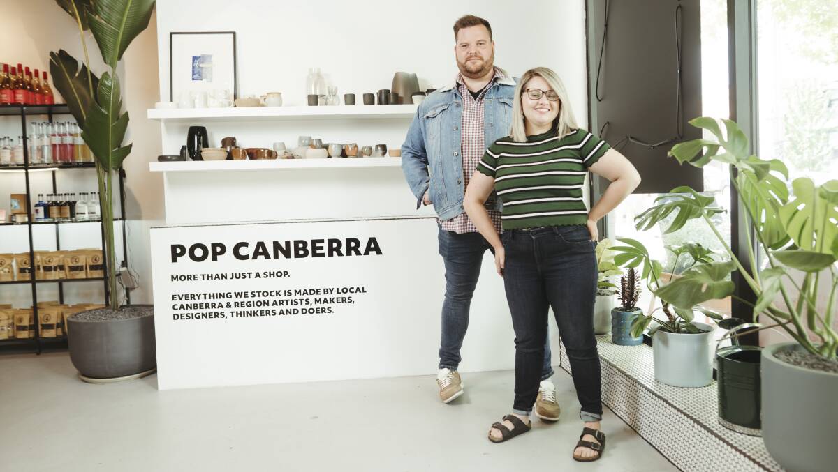 Pop Canberra owners and founders Mikhaila Davis and Gabriel Trew say there has been a push towards shopping local in a year of crisis. Picture: Dion Georgopoulos