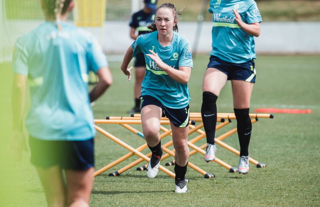 Hughes training at a Matildas' talent identification camp in Canberra. Picture: FFA