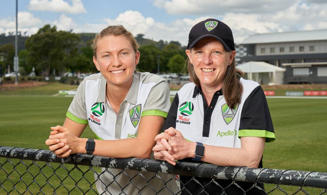 Clare Hunt with coach Vicki Linton at Canberra United's new home, Viking Park. Picture: Matt Loxton