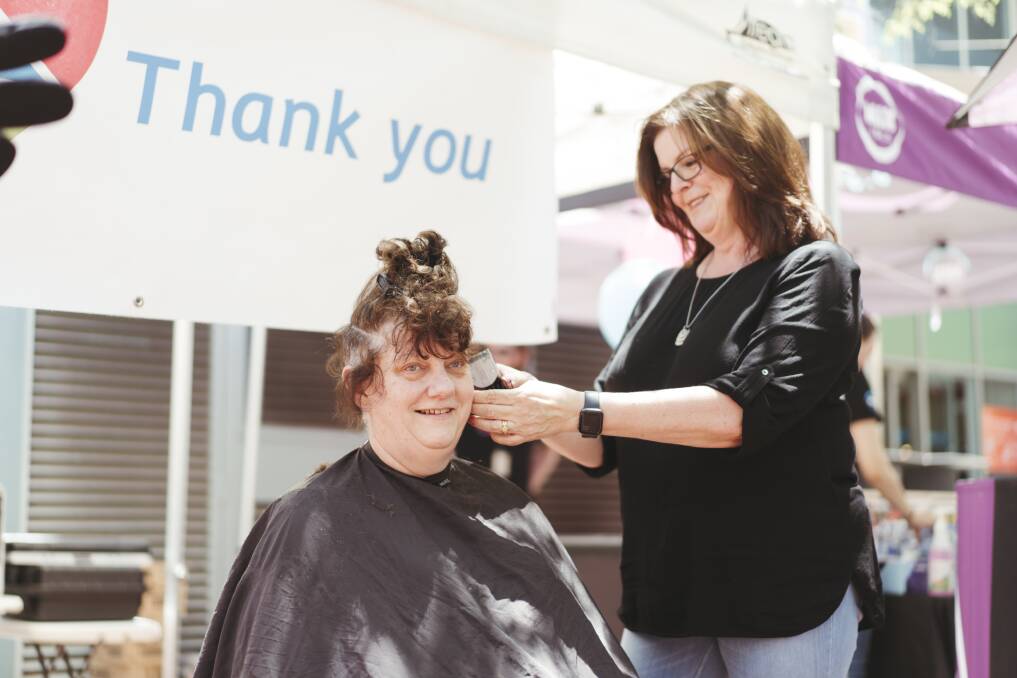 Executive director of Cancer and Ambulatory Support for Canberra Health Services Cathie O'Neill had her hair shaved on Can Give Day after raising more than $16,000 for the Canberra Hospital Foundation. Picture: Dion Georgopoulos