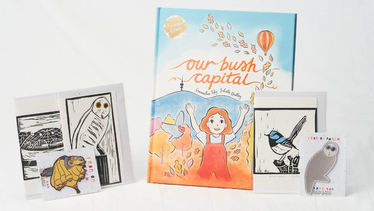 Lisa Molvig linoprint cards ($8), Craft ACT; Missy Minzy embroidered patches ($13.50), POP Canberra; Our Bush Capital, by Samantha Tidy and Juliette Dudley ($24.95), MOAD and all good bookstores.