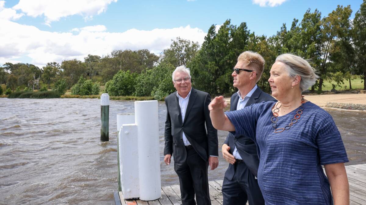 National Capital Authority chairman Terry Weber, chief planner Andrew Smith and chief executive Sally Barnes at Lake Burley Griffin on Monday. Picture: Sitthixay Ditthavong