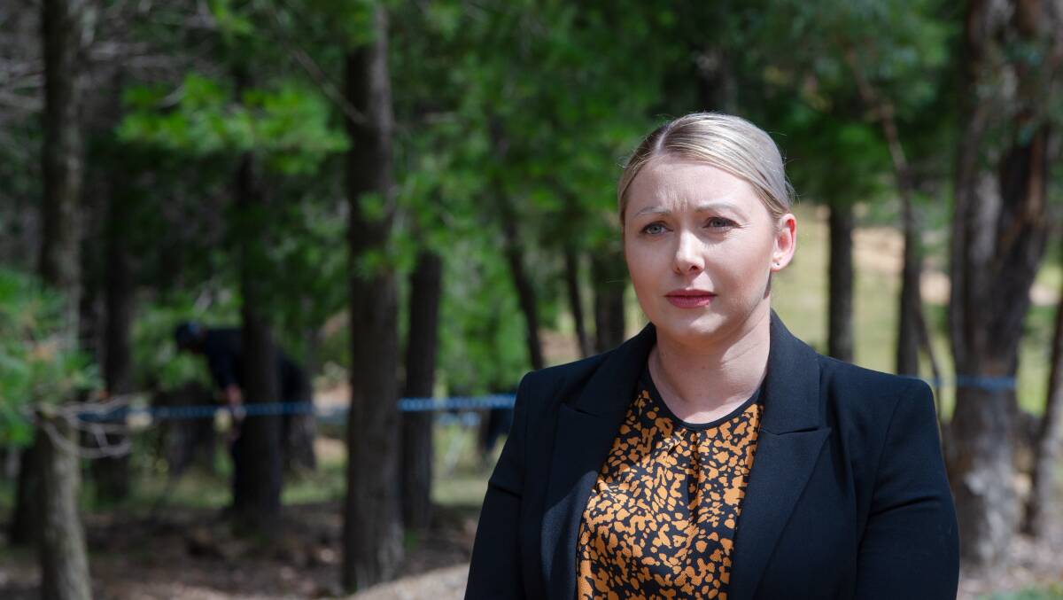 Detective Senior Constable Emma Beere, at the pine plantation where the Unsolved Homicide team continues to search for clues into the murder of Keren Rowland. Picture: Elesa Kurtz 