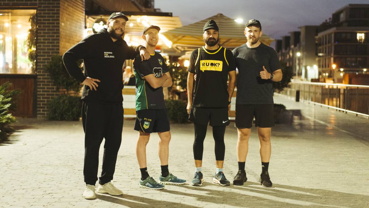 Running For Resilience group members Ben Alexander, Tyson Flynn, Baljit Singh Talwar, and Matt Breen, at the Kingston Foreshore starting point. Picture: Dion Georgopoulos 