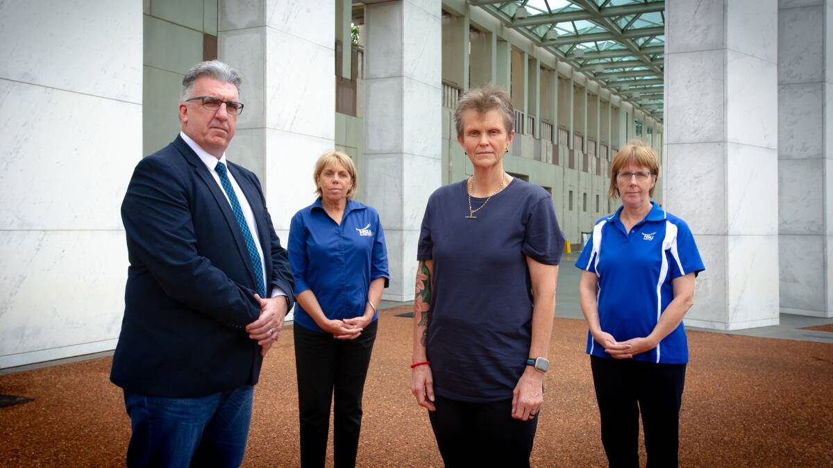 Health Services Union president Gerard Hayes and aged care workers Lindy Twyford, Virginia Ellis, Josie Peacock at Parliament House. Picture: Elesa Kurtz