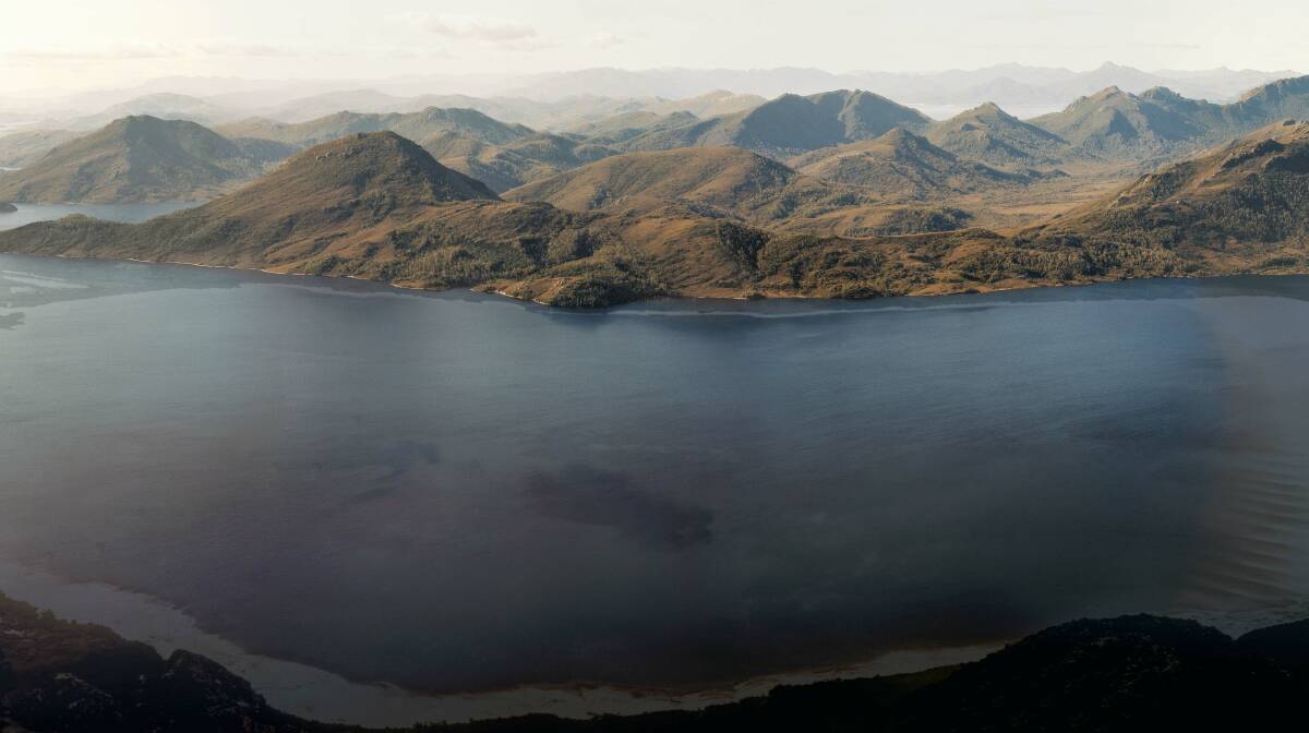 Lake Pedder composite panorama, Lindsay Hope 1972 and Andy Szollosi 2021. The image shows the shoreline of the original lake encompassed by the current lake.