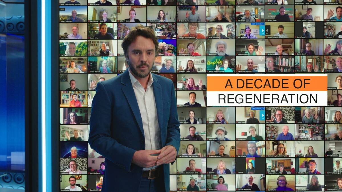 Filmmaker Damon Gameau in a still from his latest film Regenerating Australia, presenting the news in 2029. Picture: Supplied.
