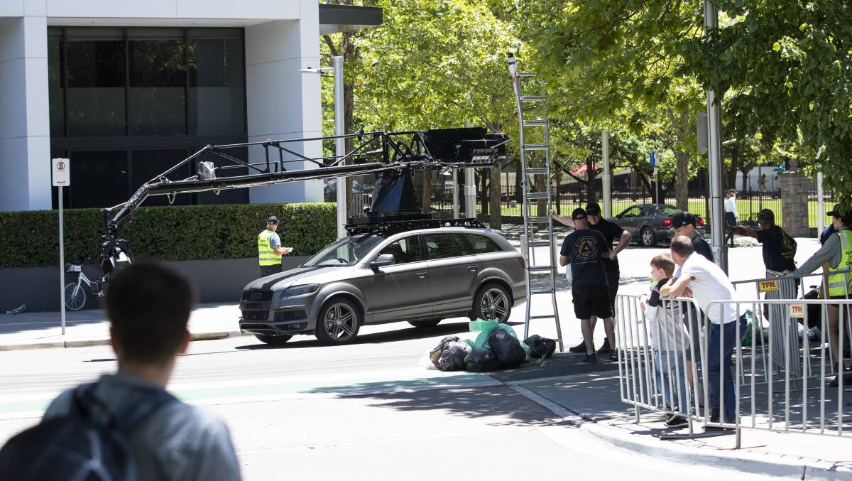 Several streets in the Canberra CBD were closed to traffic this week with the filming of Hollywood blockbuster, Blacklight. Picture: Keegan Carroll.