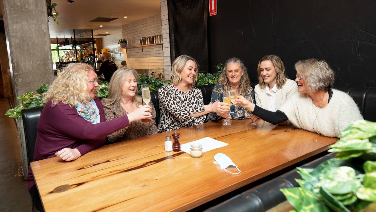 Tracey Banister, Karen Scheetz, Liz McMullan, Helen Robinson, Lena Atkinson, and Jo Garrah took Freedom Day off work for a long-awaited catch up over drinks at Assembly in Braddon. Picture: Sitthixay Ditthavong