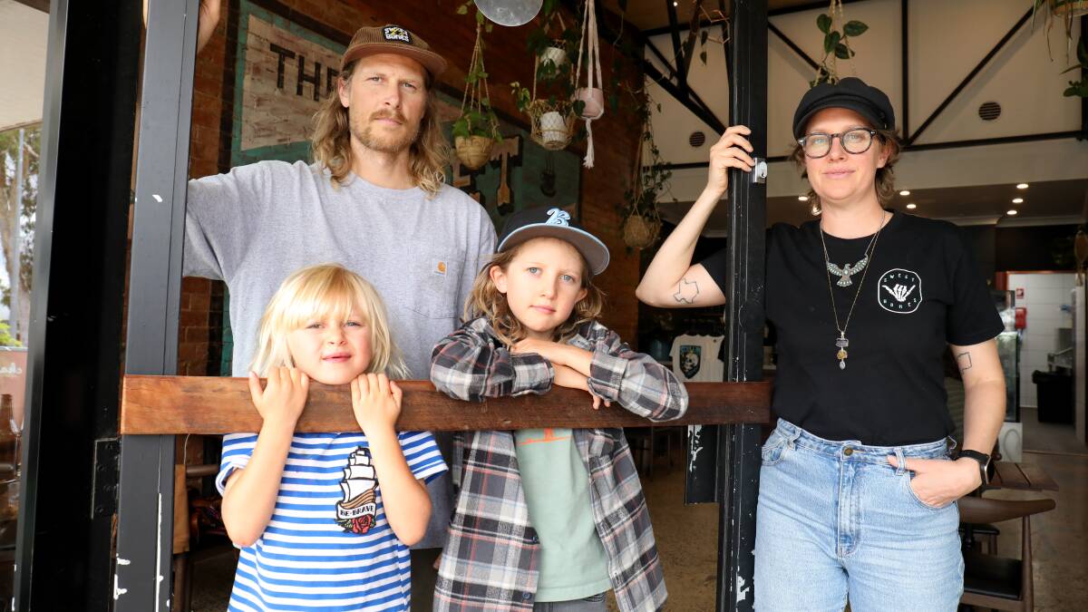 Emily and Russell Brindley with their children Banjo, 5, and Beau, 8, at Sweet Bones Bakery in Scullin which was broken into on Monday morning. Picture by James Croucher