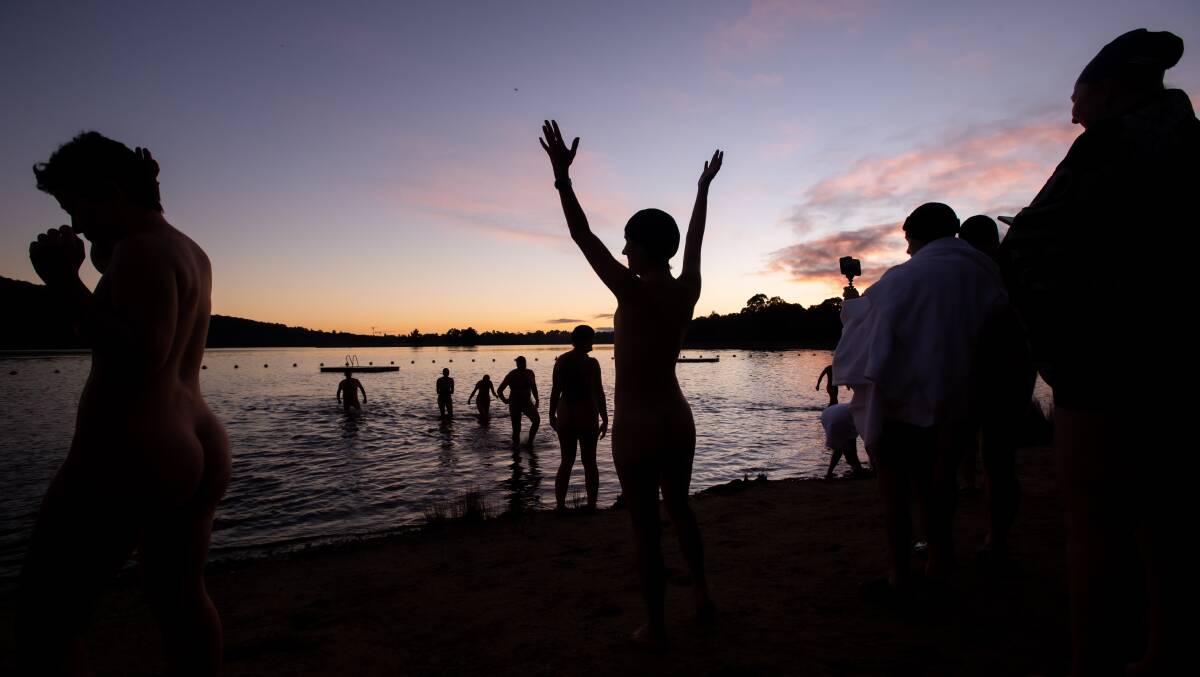 Elena Jennings embraces the morning cold during the Winter Solstice Nude Charity Swim. Picture: Karleen Minney