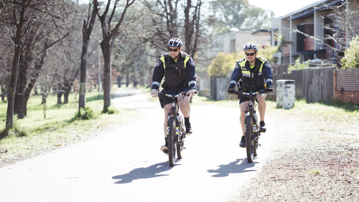 Constable Cameron Browne and Sergeant Max Mokrij will monitor driver behaviour towards cyclists during a month-long campaign. Picture: Dion Georgopoulos