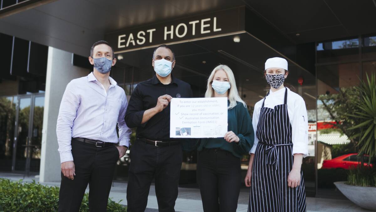 East Hotel has mandated vaccines for patrons and staff. Pictured is general manager Todd Handy, Agostinis Jamil Violo, event coordinator Polly Foley and apprentice chef Ruby McGavock. Picture: Dion Georgopoulos
