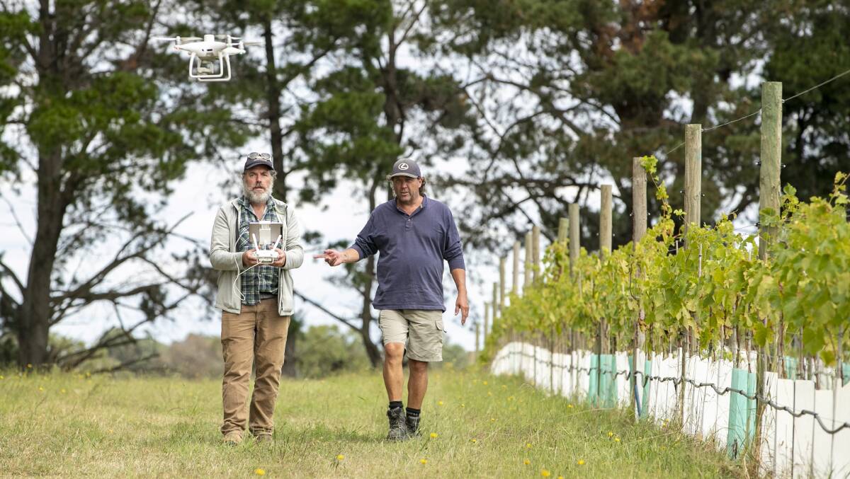 Simon Stratton and Greg Mader use drone technology to map the yield at Clonakilla winery. Picture: Keegan Carroll