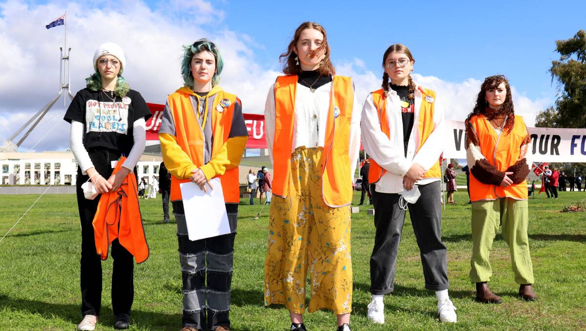 Jimmy Hollo, Ash Martin, Amelia Condon-Cernovs, Tiffany Henson and Em Rasheed were standing up against a perceived lack of action on climate change ahead of the federal election. Picture: James Croucher